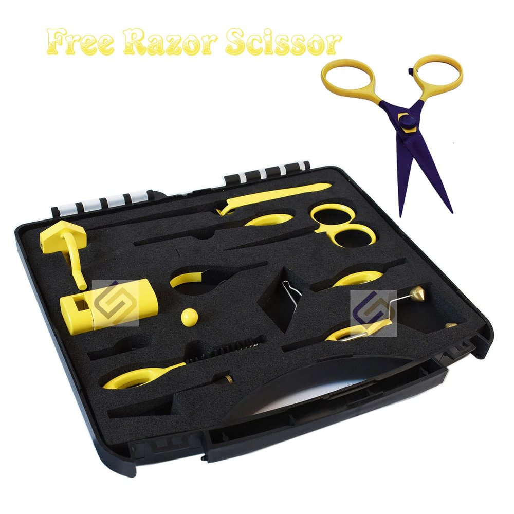 NUS Pro Fly Tying Tool Kit Gift Set (10 Premium Tools) Free Razor Scissor (Yellow)