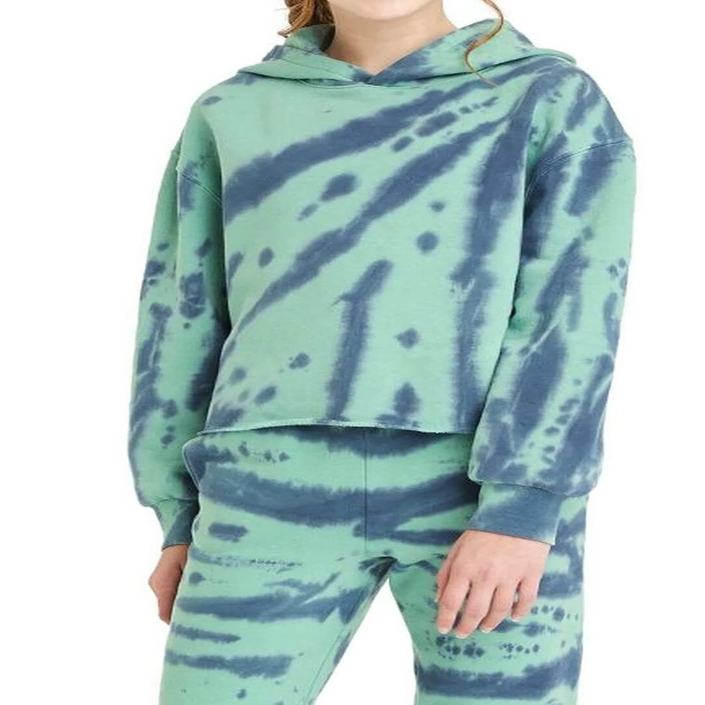 art class Kids' Unisex Fleece Raw Edge Boxy Cropped Hoodie Jacket - Blue/Green (Size L 10/12)
