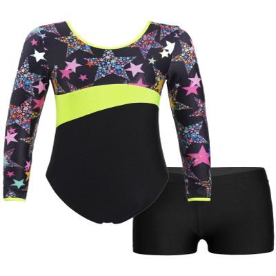 Nikiikoo Kids Girls 2Pcs Gymnastics Dance Outfits Long Sleeve Leotards with Shorts Athletic Biketards Unitards Starry 6 Years