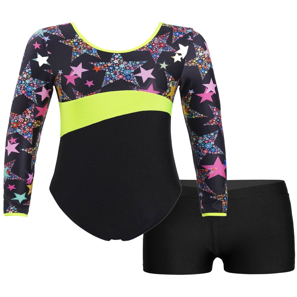 Nikiikoo Kids Girls 2Pcs Gymnastics Dance Outfits Long Sleeve Leotards with Shorts Athletic Biketards Unitards Starry 6 Years