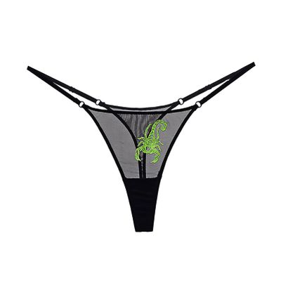 Agoky Women's Scorpion Embroidery Low Rise Micro T-Back G-String Sexy Mesh Thongs Panties Underwear Green S/M