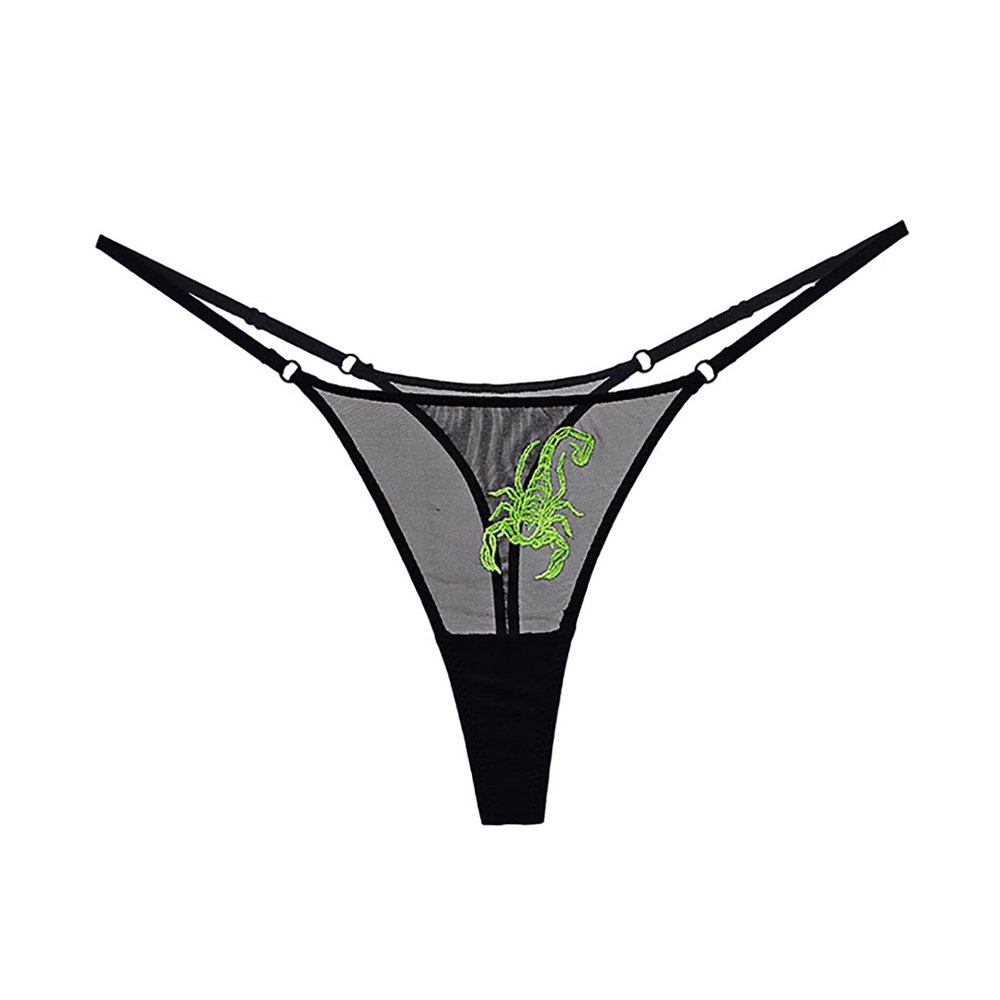 Agoky Women's Scorpion Embroidery Low Rise Micro T-Back G-String Sexy Mesh Thongs Panties Underwear Green S/M