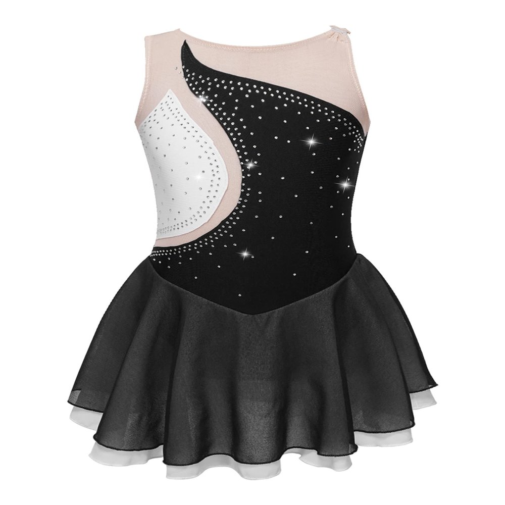Agoky Kids Girls Sparkly Figure Ice Skating Dress Gymnastic Tutu Skirted Leotard Ballet Dance Dress Dancewear Costume Black 13-14