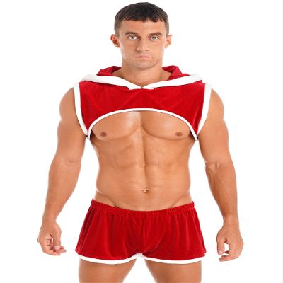 YiZYiF Men's Santa Costume Set Christmas 2 Piece Santa Claus Short Sleeve Top and Short Pants Set Hooded Red X-Large