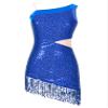 JEATHA Women Sequin Mesh Patchwork Camisole Ballet Leotard Crisscross Back Tassel Hem Gymnastic Dancewear Royal_Blue C X-Large view 4