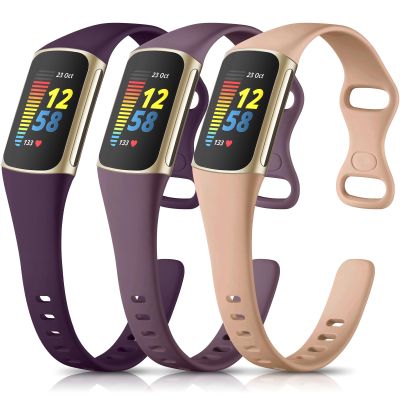 Maledan Slim Band Compatible with Fitbit Charge 5 Bands for Women Men, Durable Flexible Silicone Sport Wristband for Fitbit Charge 5/Charge 6 Fitness Tracker, 3 Pack Milk Tea/Smoke Violet/Midnight