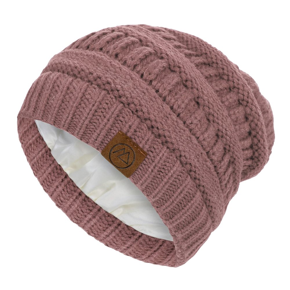 Beanies Women Satin Lined Beanie Winter Hats for Women Silk Lined Slouchy Beanie for Winter Warm Knit Cuffed Beanie Hat Pink