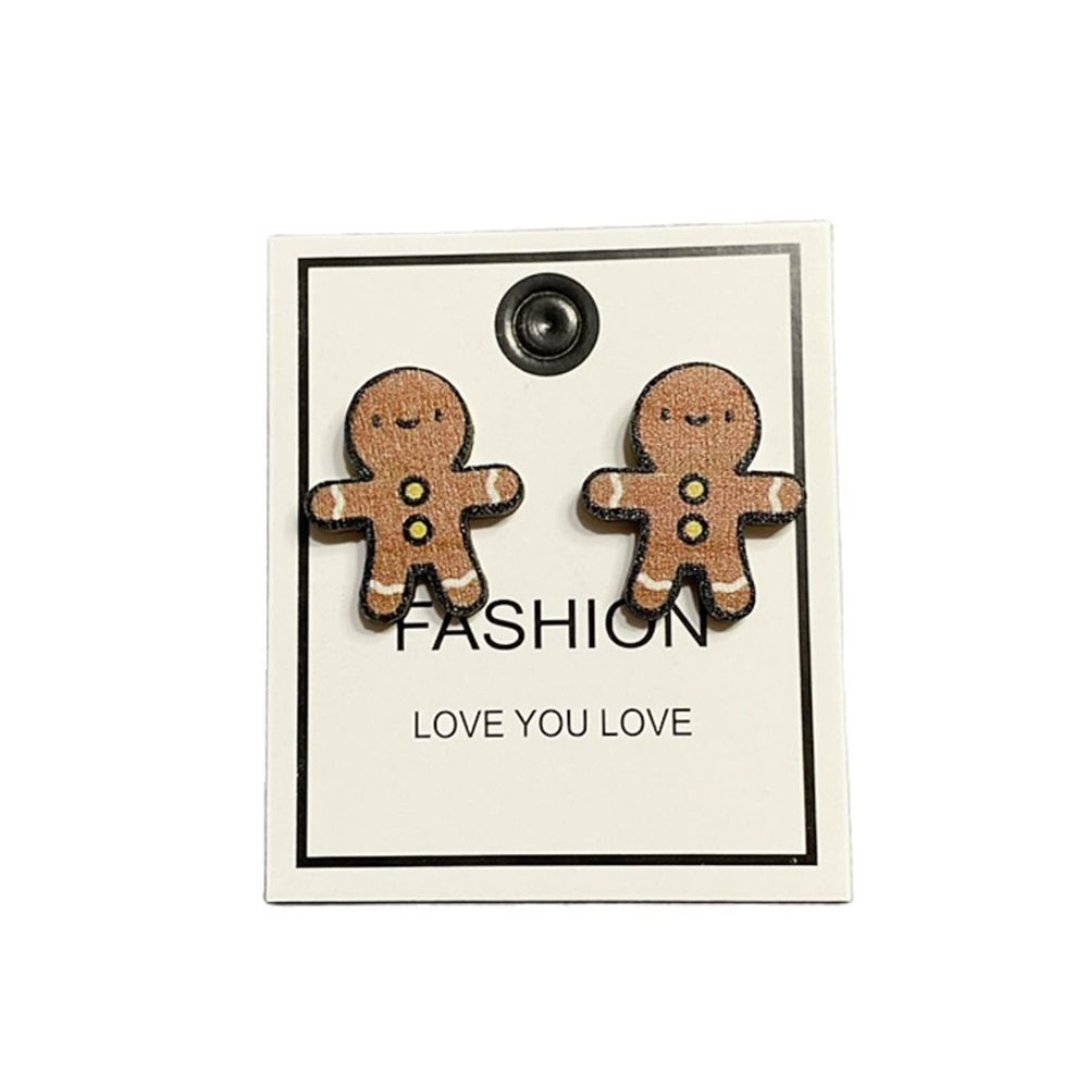 Christmas Stud Earrings Wooden Christmas Tree Snowman Bell Stud Earrings Cute Festive Jewelry for Women-Gingerbread Man