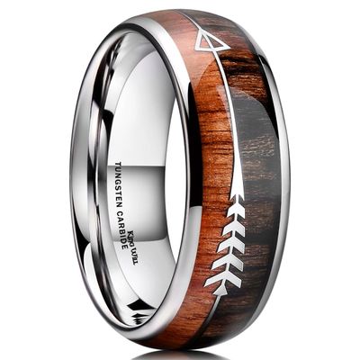 King Will Nature 8mm Men Real Wood Inlay Tungsten Carbide Wedding Ring Dome High Polished Comfort Fit 10