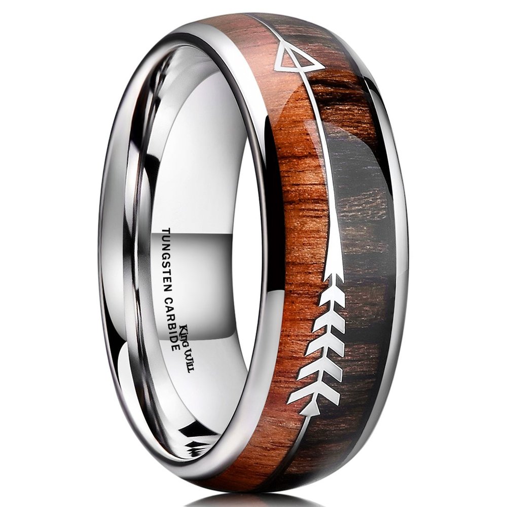 King Will Nature 8mm Men Real Wood Inlay Tungsten Carbide Wedding Ring Dome High Polished Comfort Fit 10