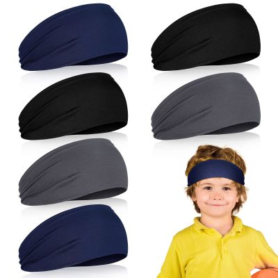 6 Pcs Kids Athletic Sweatbands and Headbands - Football, Sweat-Absorbing Elastic Hairbands for Boys and Youth (Black, Dark Gray, Navy Blue)