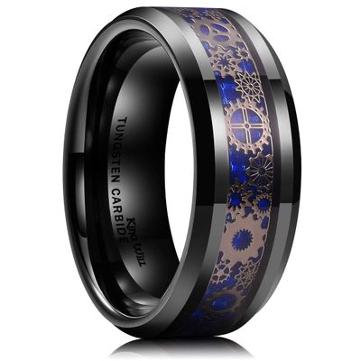 King Will Mens 8mm Black Tungsten Rings for Men Steampunk Gearwheel Blue Carbon Fiber Inlay Vintage Gentlemen Wedding Band Polished Bevelved Edges Comfort Fit Size 10