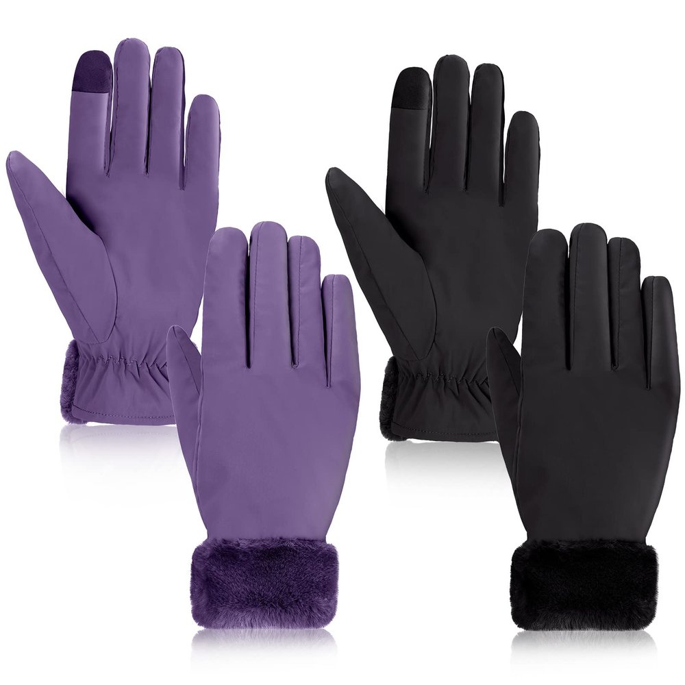 Eurzom 2 Pair Women's Waterproof Touchscreen Ski Gloves Winter Ski Snow Snowboarding Gloves Windproof Snow Accessories(Black, Purple)
