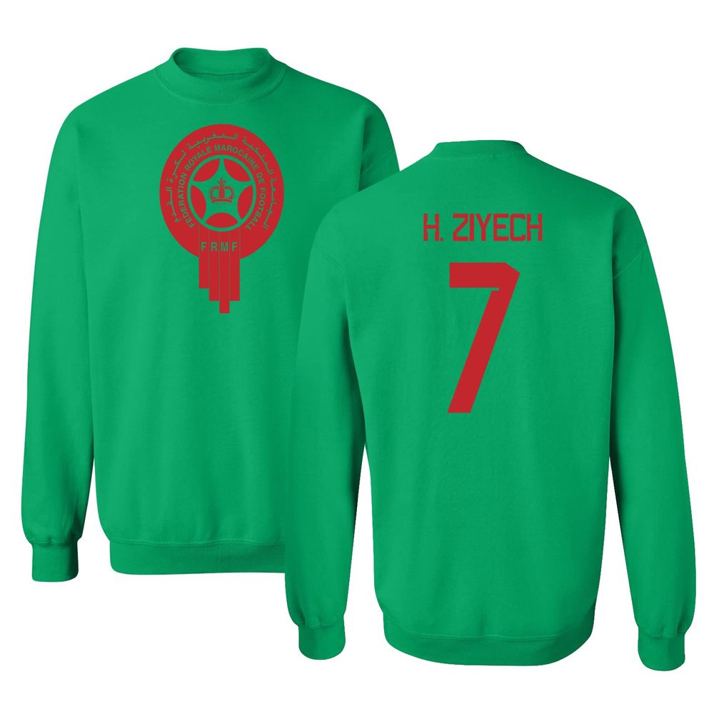 FLAURA Morocco Soccer #7 Ziyech World Football Fans Adult Crewneck Sweater (Green, Small)