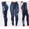 Women's Floral Embroidered Denim Pants Waisted Stretch Slim Skinny Jeans Sexy Button Fly Pencil Jean Trousers (Dark Blue,Small) view 4