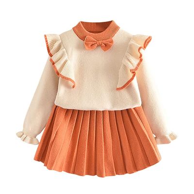 Baby Girls Sweater Skirt Set Kids Girls Sweet Ruffle Top Pleated Skirt Outfit Long Sleeve Twist Sweater Mini Tutu Knit Pleated Skirt for Toddler Fall Winter Light Orange 4-5 Years