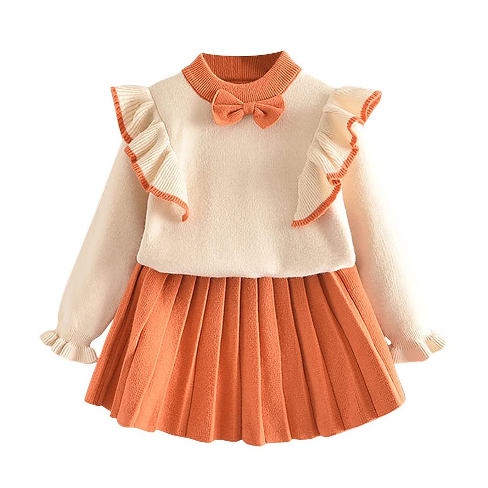 Baby Girls Sweater Skirt Set Kids Girls Sweet Ruffle Top Pleated Skirt Outfit Long Sleeve Twist Sweater Mini Tutu Knit Pleated Skirt for Toddler Fall Winter Light Orange 4-5 Years