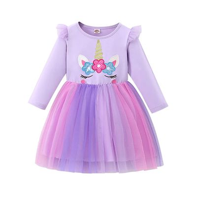 Toddler Kids Baby Girls Long Sleeve Rainbow Unicorn Print Flower Tutu Dress Princess Pageant Birthday Party Dresses Ruffle Tulle Skirt Casual Playwear Winter Fall Gown Clothes Purple Unicorn 6-7 Years