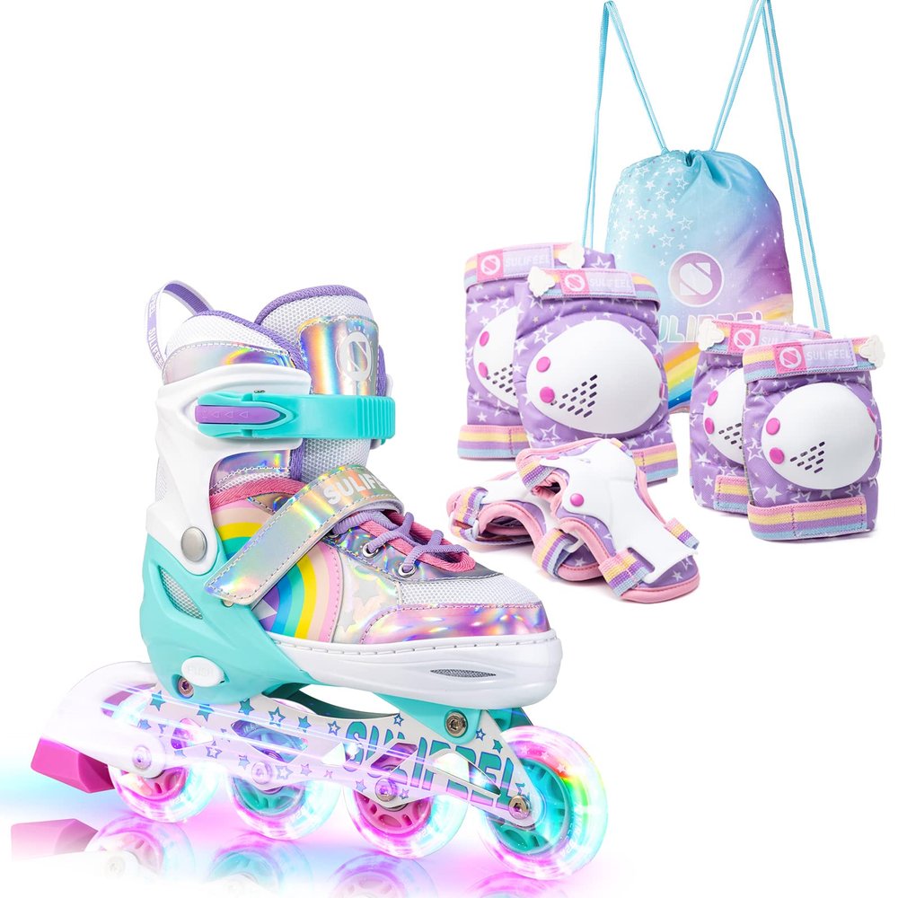 SULIFEEL Rainbow Unicorn Inline Skates for Kids with Adjustable Protective Gear Set Purple Medium