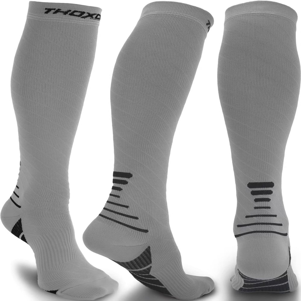 Thoxcare Compression Socks for Women Men 20-30mmHg, Knee High Support Circulation Socks for Medical Flight Travel Sports, 2Pairs-Gray/Black, L/XL