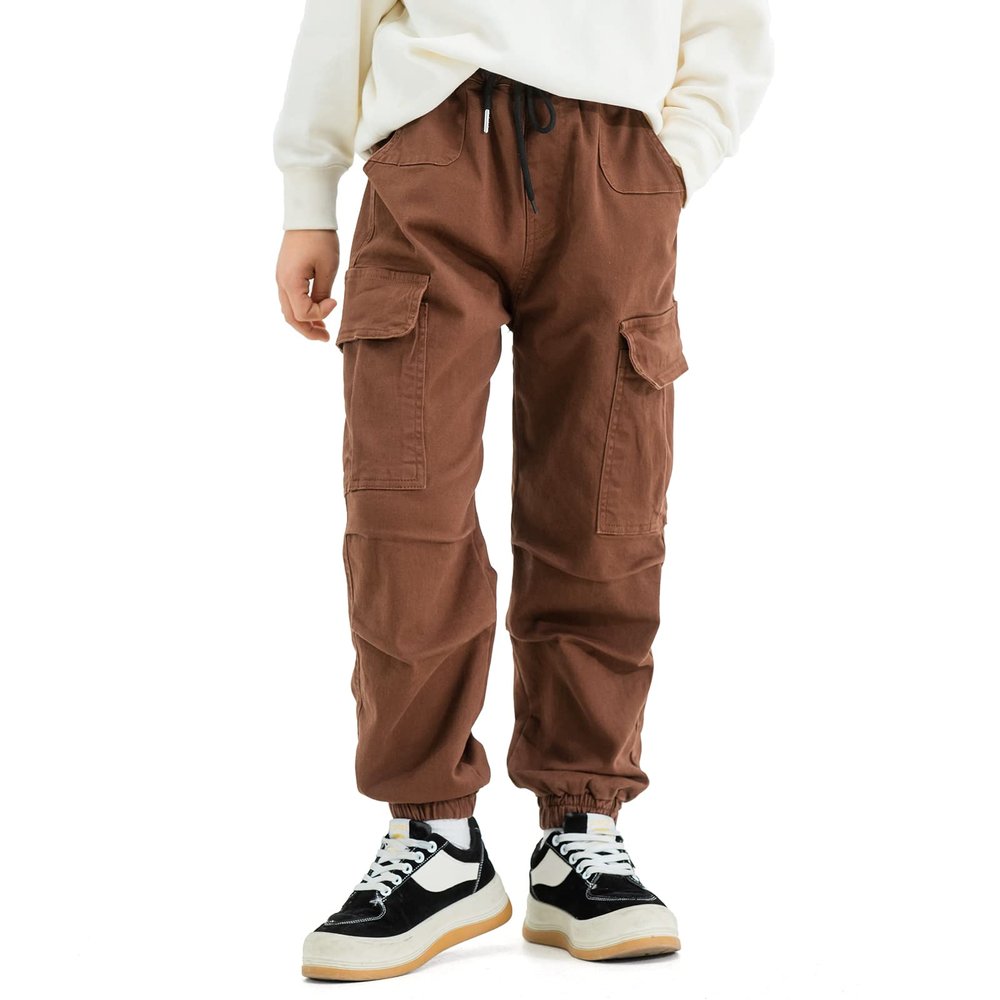 MINI PANDA Boys' Cargo Pant,Husky Boys Adjustable Waist Pants Size 6-16(8, Brown-A)