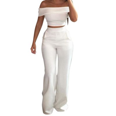 Women Sexy Solid Top Pants Suit Two Piece Off Shoulder Short Sleeve Suit Crop Top High Snowmobile Pants Women White