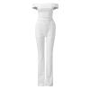 Women Sexy Solid Top Pants Suit Two Piece Off Shoulder Short Sleeve Suit Crop Top High Snowmobile Pants Women White view 4