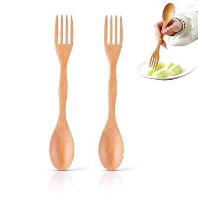 2Pcs Wooden Spoons Forks Set, Dual Purpose Tableware Reusable Wood Cutlery Wooden Spoon And Fork for Camping Travel Utensil Cutlery Set
