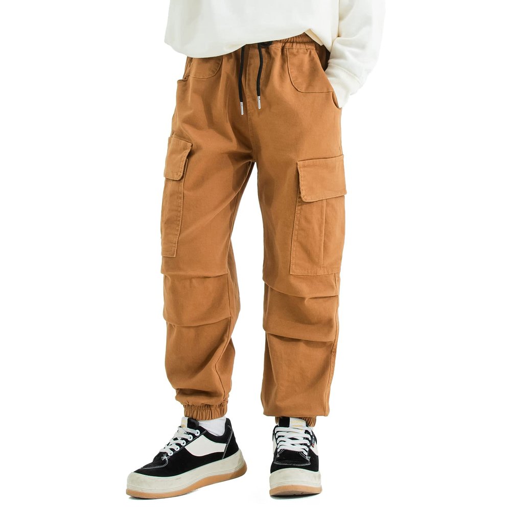 MINI PANDA Boys' Cargo Pant,Husky Boys Adjustable Waist Pants Size 6-16(8, Khaki)