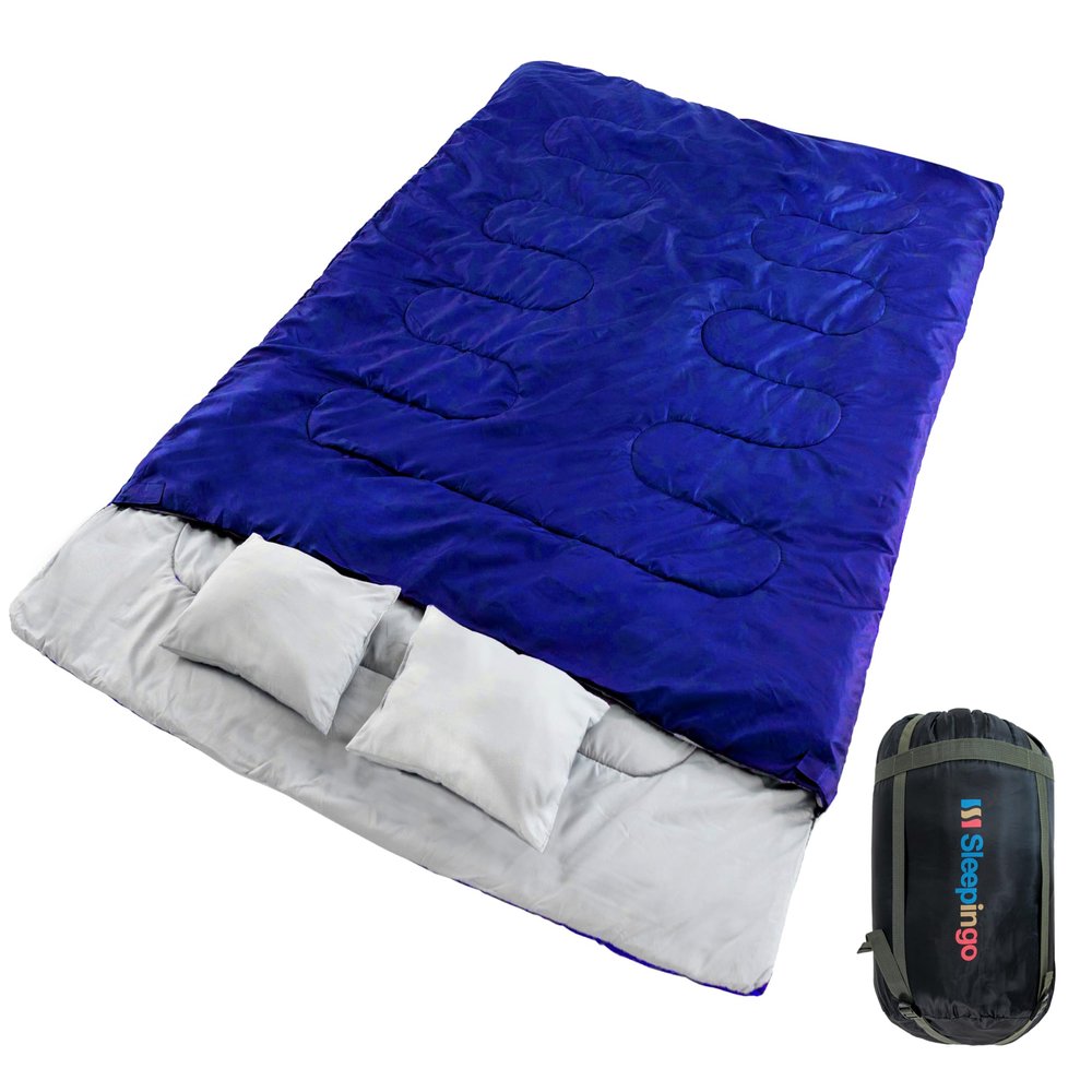 Double Sleeping Bags for Adults Waterproof Queen-Size 2 Person Sleeping Bag with Pillows for Camping, Backpacking, Hiking, or Truck Use Warm, Lightweight, and Convertible into Two Singles Blue