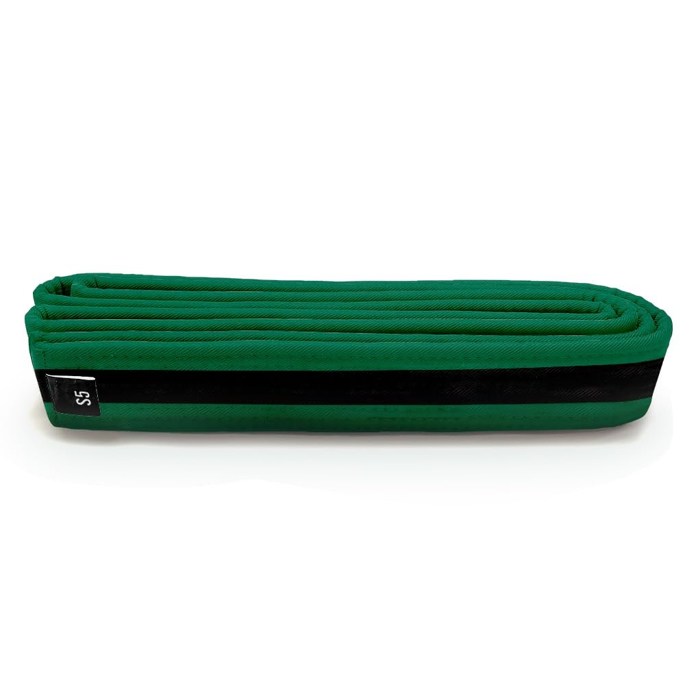 Martial Arts Polyester Belt; Choose Color (Black Stripe), 1.5 in. Width, 8 Rows of Stitching for Karate, Taekwondo, Judo, MMA (Green, Single Wrap 8/Double Wrap 2 - 94 in.)