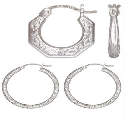 2 Sets of .925 Sterling Silver Ladies Earrings - 15.0mm Geometric Eurowire Hoop and 3.0x30.0mm Diamond-Cut Eurowire Hoop - w/ Anti-Tarnish Finish to Last a Lifetime