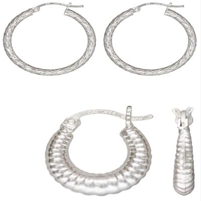 2 Sets of .925 Sterling Silver Ladies Earrings - 3.0x30.0mm Diamond-Cut Eurowire Hoop and 15.0mm Scalloped Eurowire Hoop - w/ Anti-Tarnish Finish to Last a Lifetime