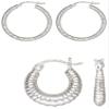 2 Sets of .925 Sterling Silver Ladies Earrings - 3.0x30.0mm Diamond-Cut Eurowire Hoop and 15.0mm Scalloped Eurowire Hoop - w/ Anti-Tarnish Finish to Last a Lifetime view 1