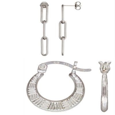 2 Sets of .925 Sterling Silver Ladies Earrings - 1.5" Paperclip Chain (3 Link) Post and 14.0mm Geo Hex Pattern Eurowire Hoop - w/ Anti-Tarnish Finish to Last a Lifetime