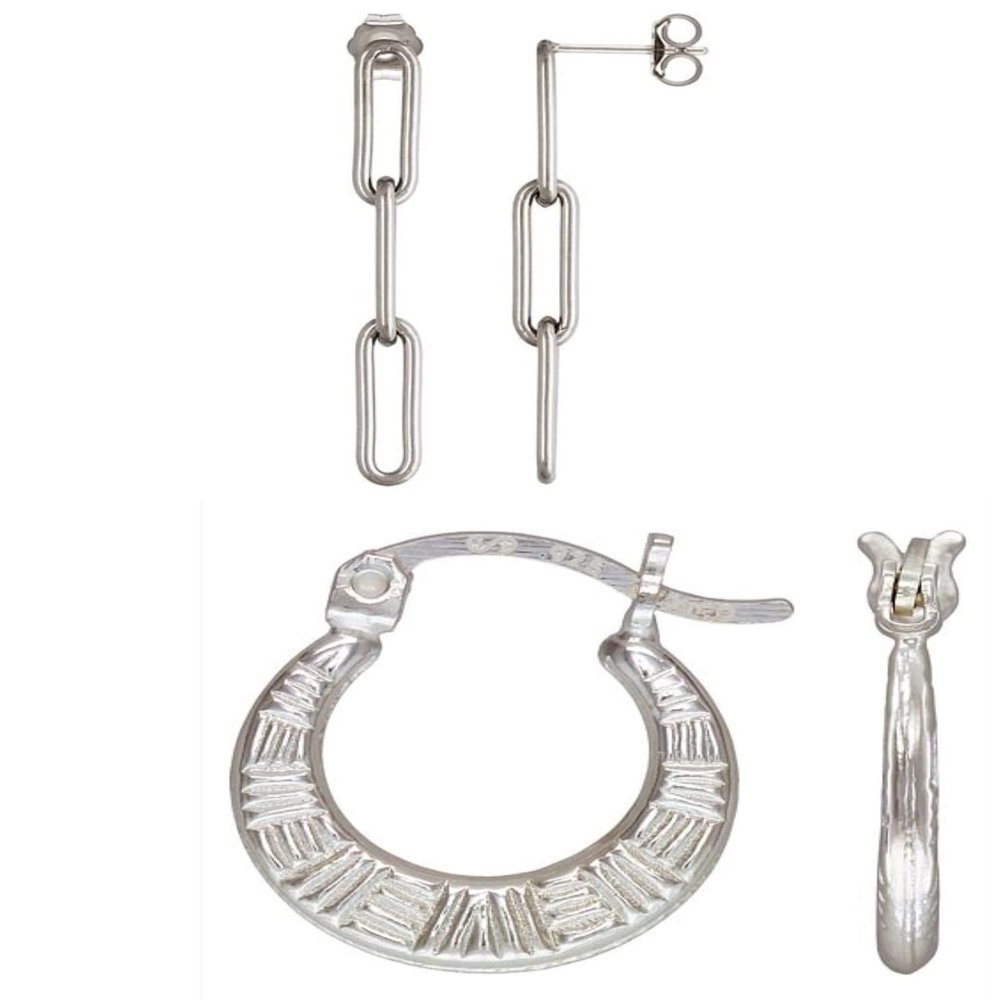 2 Sets of .925 Sterling Silver Ladies Earrings - 1.5" Paperclip Chain (3 Link) Post and 14.0mm Geo Hex Pattern Eurowire Hoop - w/ Anti-Tarnish Finish to Last a Lifetime