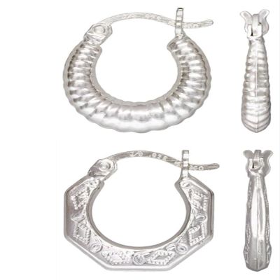 2 Sets of .925 Sterling Silver Ladies Earrings - 15.0mm Scalloped Eurowire Hoop and 15.0mm Geometric Eurowire Hoop - w/ Anti-Tarnish Finish to Last a Lifetime