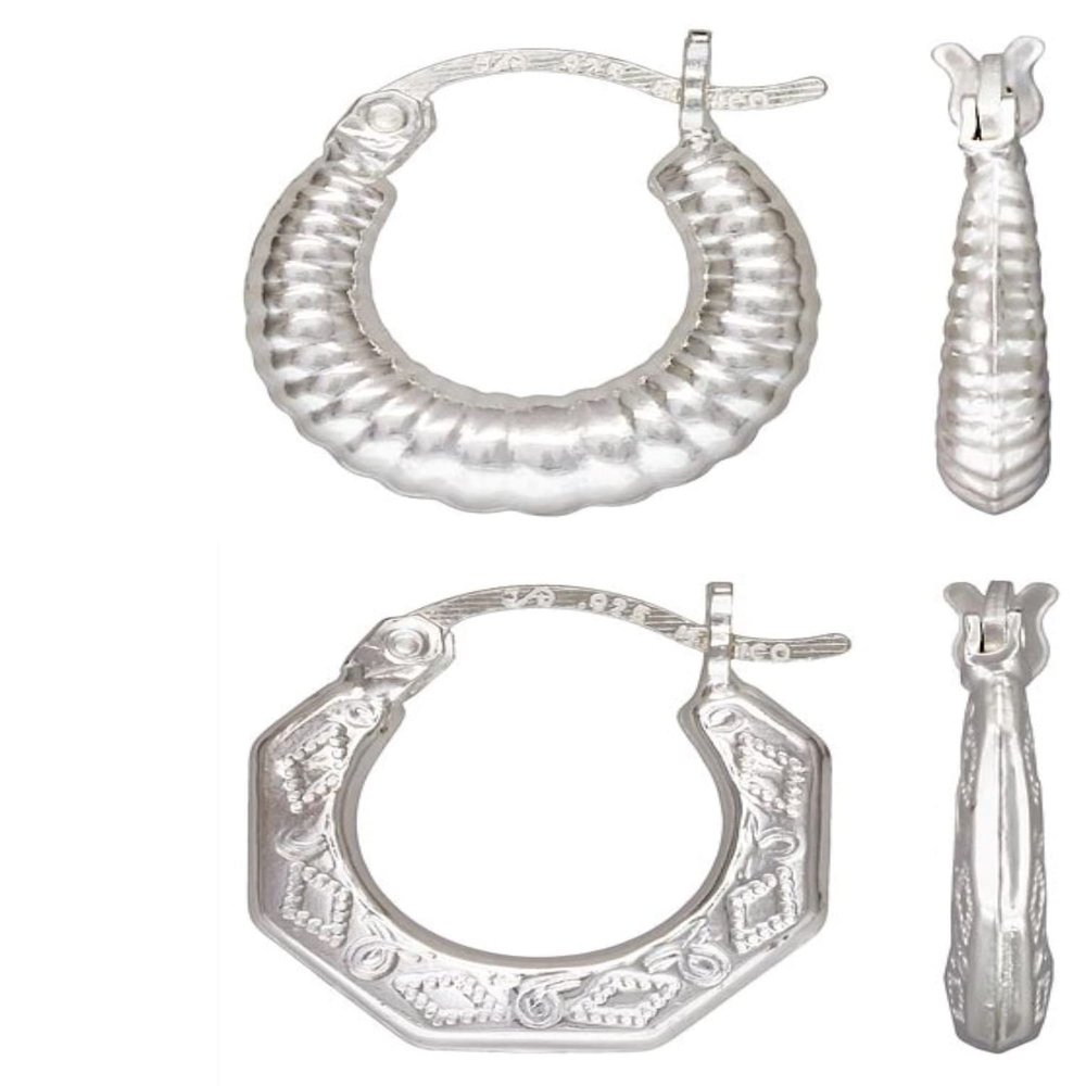 2 Sets of .925 Sterling Silver Ladies Earrings - 15.0mm Scalloped Eurowire Hoop and 15.0mm Geometric Eurowire Hoop - w/ Anti-Tarnish Finish to Last a Lifetime