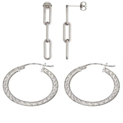2 Sets of .925 Sterling Silver Ladies Earrings - 1.5" Paperclip Chain (3 Link) Post and 3.0x25.0mm Diamond-Cut Eurowire Hoop - w/ Anti-Tarnish Finish to Last a Lifetime