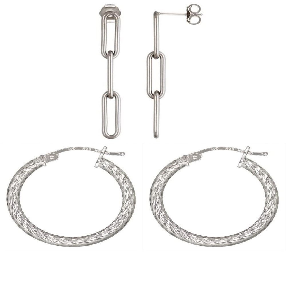 2 Sets of .925 Sterling Silver Ladies Earrings - 1.5" Paperclip Chain (3 Link) Post and 3.0x25.0mm Diamond-Cut Eurowire Hoop - w/ Anti-Tarnish Finish to Last a Lifetime