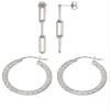 2 Sets of .925 Sterling Silver Ladies Earrings - 1.5" Paperclip Chain (3 Link) Post and 3.0x25.0mm Diamond-Cut Eurowire Hoop - w/ Anti-Tarnish Finish to Last a Lifetime view 1