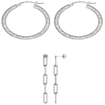2 Sets of .925 Sterling Silver Ladies Earrings - 3.0x30.0mm Diamond-Cut Eurowire Hoop and 2.4" Paperclip Chain (5 Link) Post - w/ Anti-Tarnish Finish to Last a Lifetime