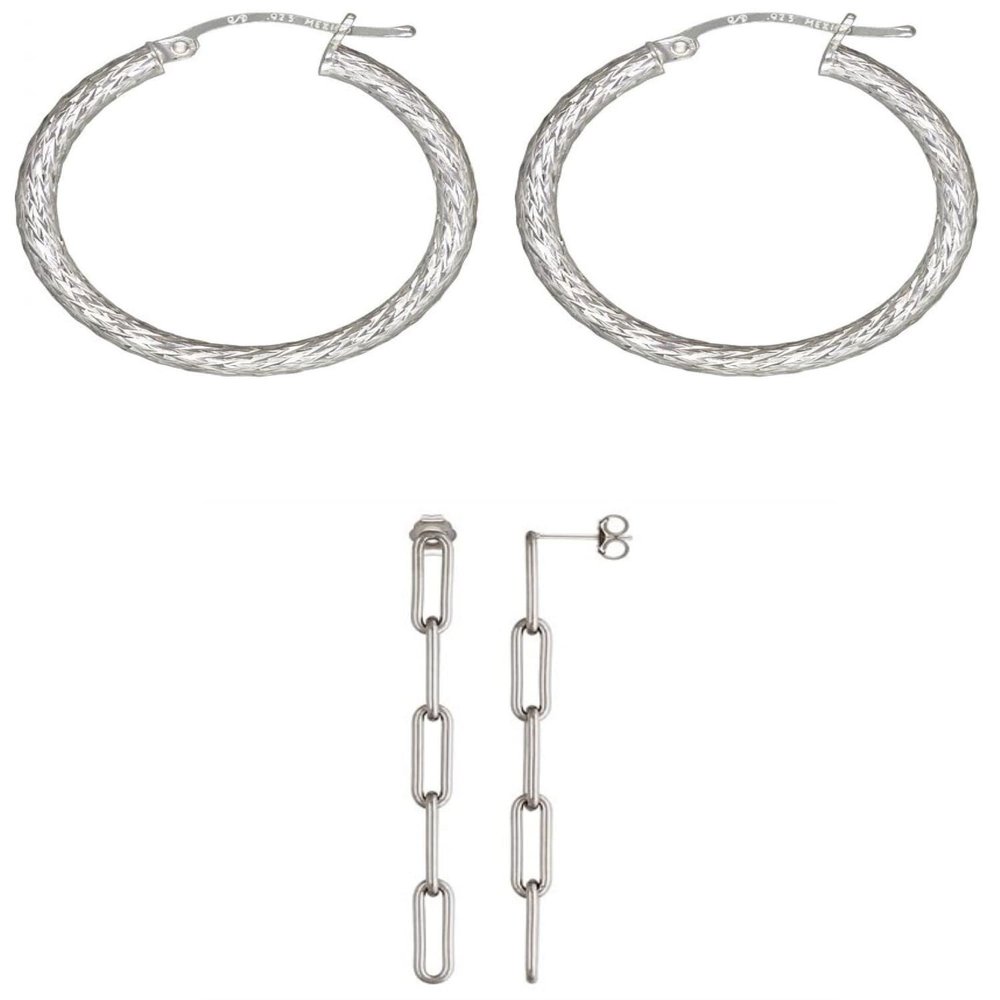 2 Sets of .925 Sterling Silver Ladies Earrings - 3.0x30.0mm Diamond-Cut Eurowire Hoop and 2.4" Paperclip Chain (5 Link) Post - w/ Anti-Tarnish Finish to Last a Lifetime