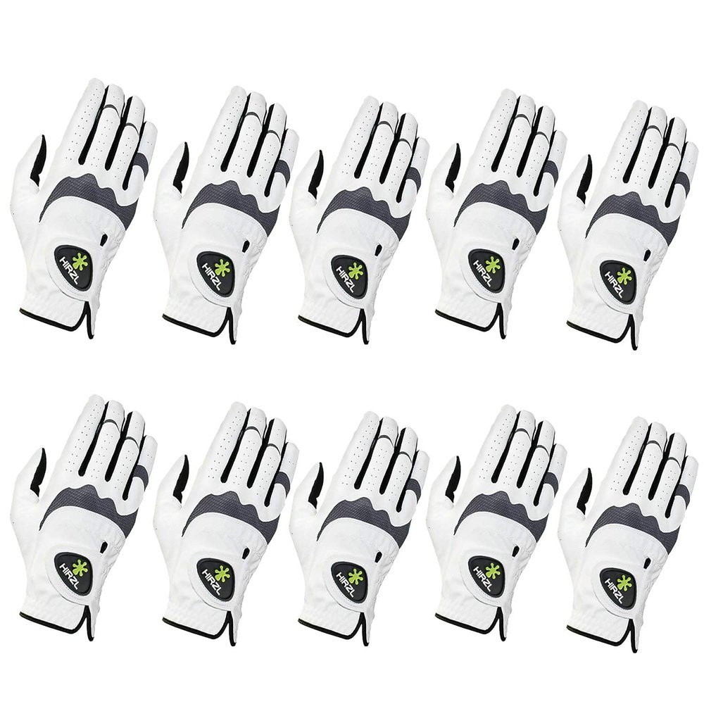 HIRZL Trust Hybrid  Mens All Weather Golf Glove | Kangaroo Leather | Ultimate Grip and Ergonomic Fit, White-Black, Small, Worn on Right Hand - (Pack of 10)