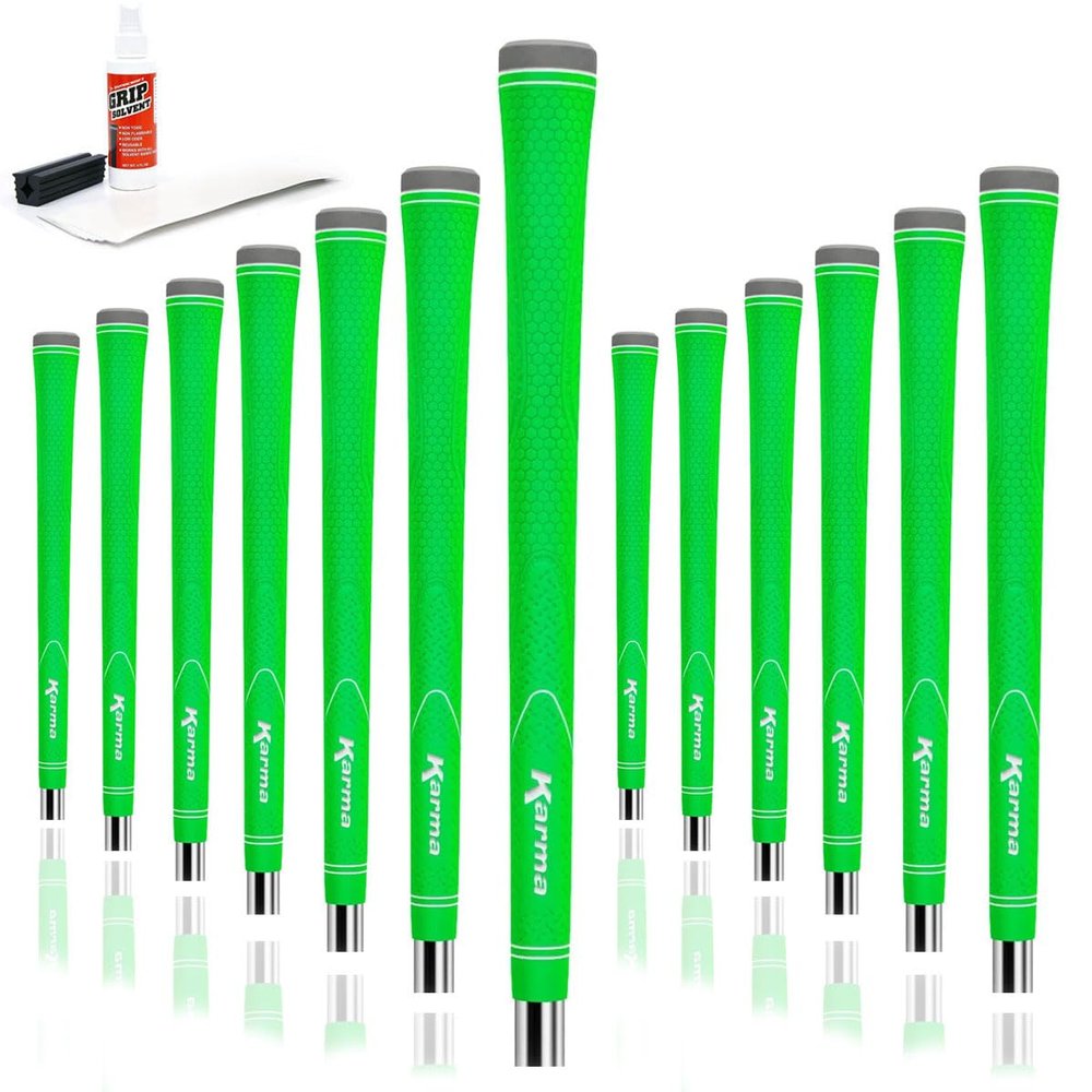 Karma Neion II Green Men's Standard Golf Grip Kit with 13 Golf Grips, Tape Strips, Solvent, Rubber Shaft clamp