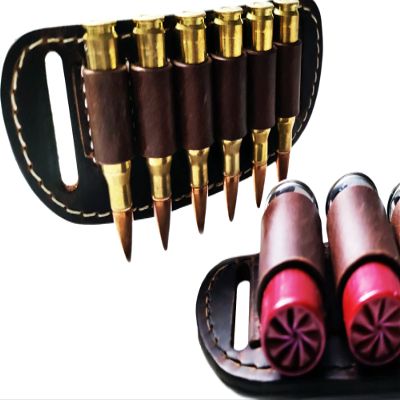 6 Round Cartridge Holder Leather Belt Slide On Ammo Loops 45 Long colt 30-30 357 Handmade in the USA (12 Gauge (4 shells), White Thread, Dark Brown)