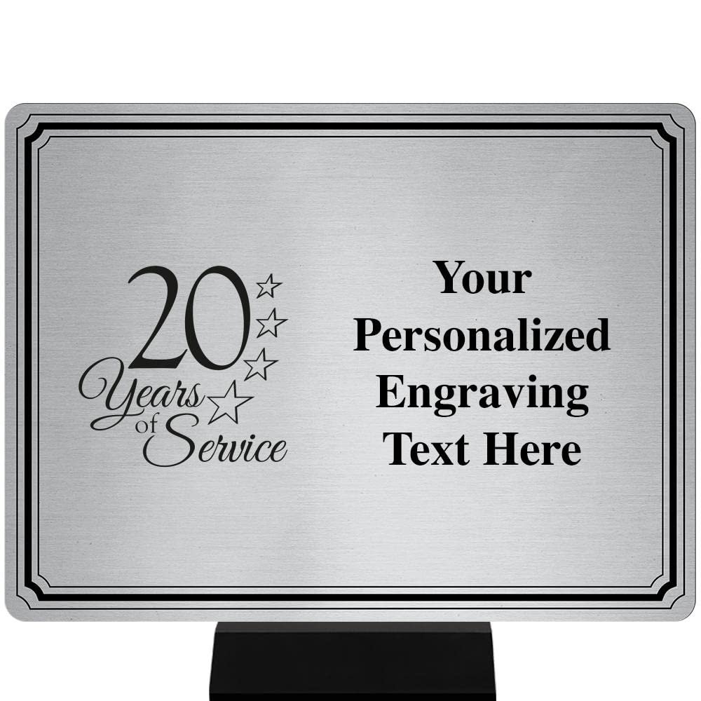 Customized 20 Years of Service Plaque Award, 8"x6" Silver Color Printed Metal Recognition Trophy Award