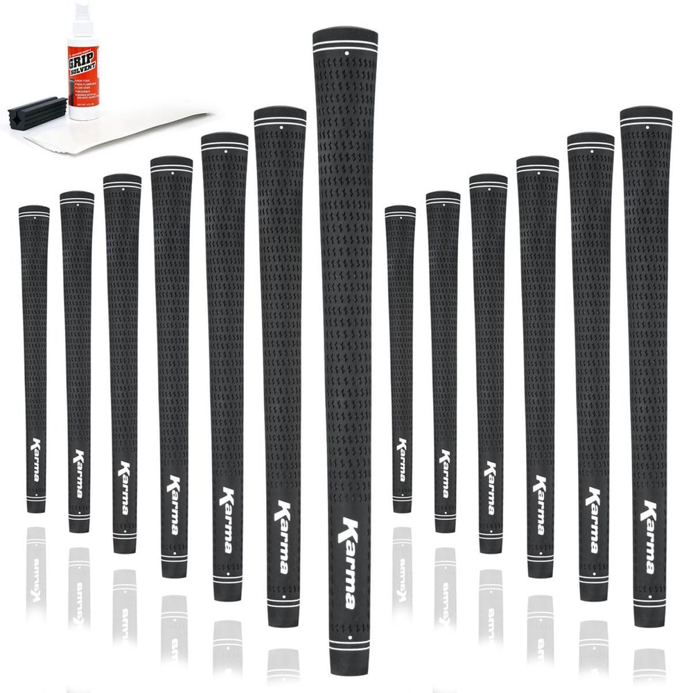 Karma Velour Golf Grip Kit with Tape Strips, Grip Solvent, Rubber Vise Clamp, 13 Black Standard Size Rubber Velvet Style Ribbed Reminder Replacement Golf Grips for Men