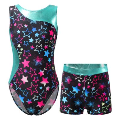 Moily Kids Girls 2 Piece Athletic Outfit Gymnastics Dance Leotard with Booty Shorts Tracksuit Swimwear Type B-Starry Black 3-4