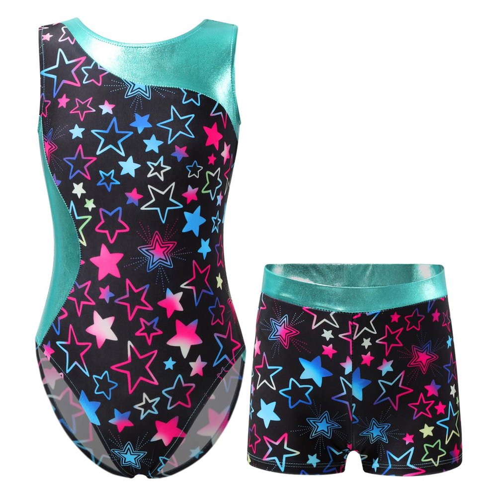 Moily Kids Girls 2 Piece Athletic Outfit Gymnastics Dance Leotard with Booty Shorts Tracksuit Swimwear Type B-Starry Black 3-4